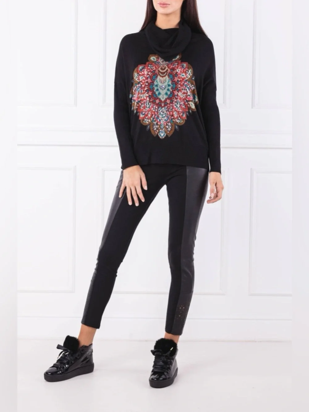 Desigual Cassandra Cowl Neck Sweater with Multicolor Sequins Medallion Print - Picture 2 of 10